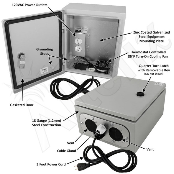 Altelix 24x24x16 Steel Weatherproof NEMA Enclosure with Heavy Duty 19 Wide  Adjustable 8U Rack Frame, Dual 120 VAC Duplex Outlets, Power Cord & 85°F  Turn-On Cooling Fans - Altelix