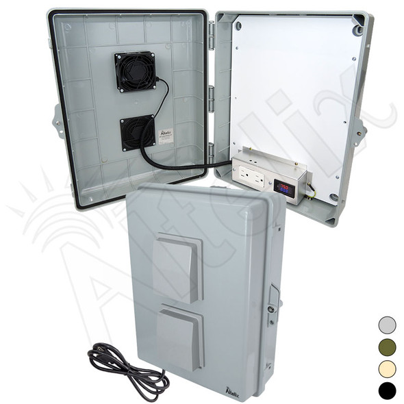 Altelix 17x14x6 Polycarbonate + ABS Vented Weatherproof RF Transparent Enclosure with PVC Non-Metallic Equipment Mounting Plate, 120 VAC Outlets, Power Cord & Cooling Fan with Digital Temperature Controller