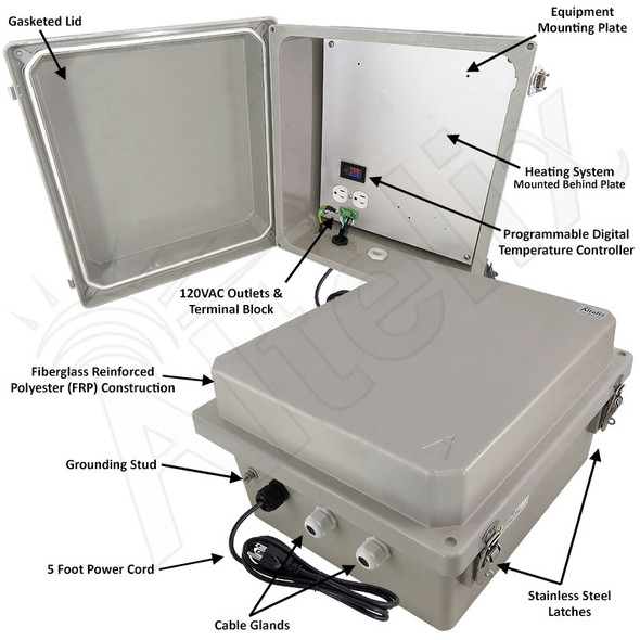 Altelix 14x12x8 Fiberglass Weatherproof Heated NEMA Enclosure with 120 VAC Outlets, Power Cord & 200W Heater with Digital Temperature Controller Altelix 14x12x8 Fiberglass Weatherproof Heated NEMA Enclosure with 120 VAC Outlets, Power Cord & 200W Heater with Digital Temperature Controller