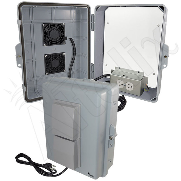 Altelix 14x11x5 Polycarbonate + ABS Vented Indoor / Outdoor RF Transparent Enclosure with PVC Non-Metallic Equipment Mounting Plate, Cooling Fan, 120 VAC Outlets & Power Cord