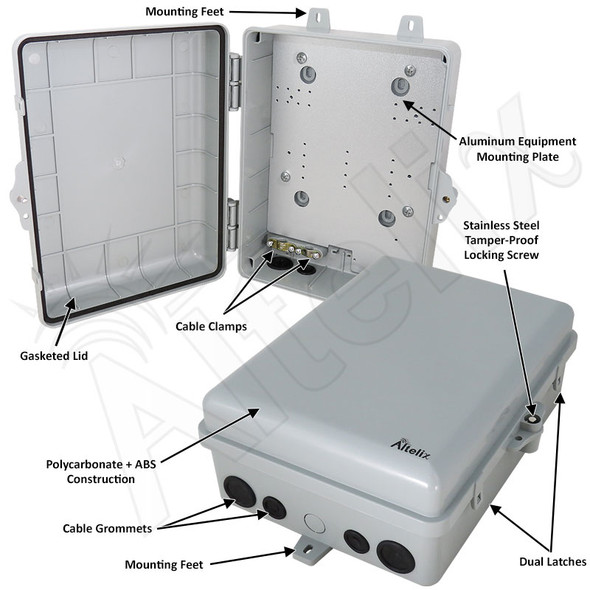 Altelix 12x9x5 IP66 NEMA 4X PC+ABS Weatherproof Utility Box with Hinged Door and Aluminum Mounting Plate