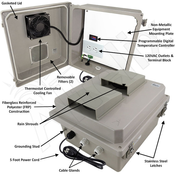 Altelix 14x12x8 Fiberglass WiFi Weatherproof Vented NEMA Enclosure with No-Drill PVC Equipment Mounting Plate, 120 VAC Outlets, Power Cord & Cooling Fan with Digital Temperature Controller