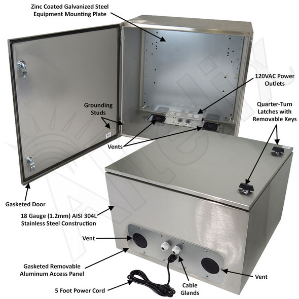 Altelix 24x24x16 Vented Stainless Steel Weatherproof NEMA Enclosure with 120 VAC Outlets and Power Cord