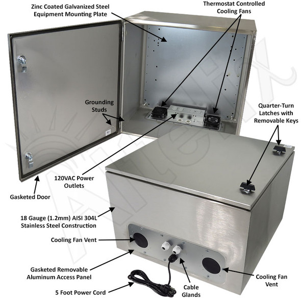 Altelix 24x24x16 Stainless Steel Weatherproof NEMA Enclosure with Dual Cooling Fans, 120 VAC Outlets and Power Cord