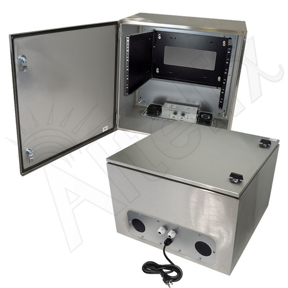 Altelix 24x24x16 120VAC 20A Stainless Steel NEMA Enclosure for UPS Power Systems with 19" Wide 6U Rack, 20A Power Outlets, Power Cord & 85°F Turn-On Cooling Fans