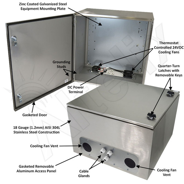 Altelix 24x24x16 Stainless Steel Weatherproof NEMA Enclosure with Dual 24 VDC Cooling Fans