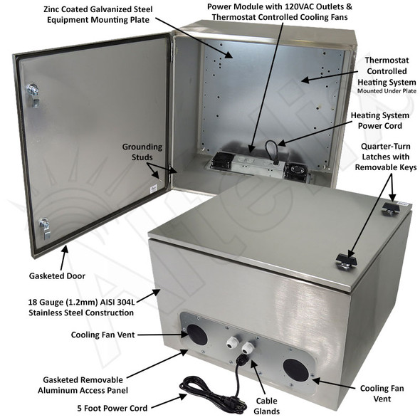 Altelix 24x24x16 Stainless Steel Heated Weatherproof NEMA Enclosure with Dual Cooling Fans, 400W Heater, 120 VAC Outlets and Power Cord