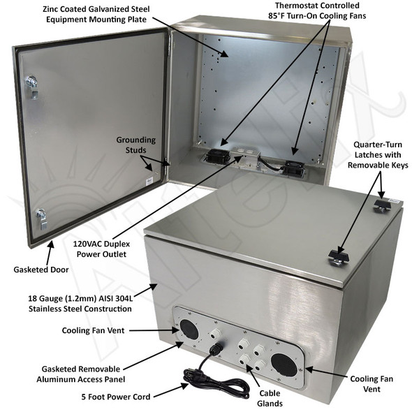 Altelix 24x24x16 Stainless Steel Weatherproof NEMA Enclosure with Single Duplex 120 VAC Outlet, Power Cord & 85°F Turn-On Cooling Fans