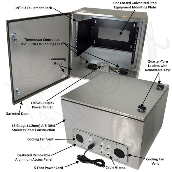 Altelix 24x24x16 19" Wide 6U Rack Stainless Steel Weatherproof NEMA Enclosure with Single Duplex 120 VAC Outlet, Power Cord & 85°F Turn-On Cooling Fans