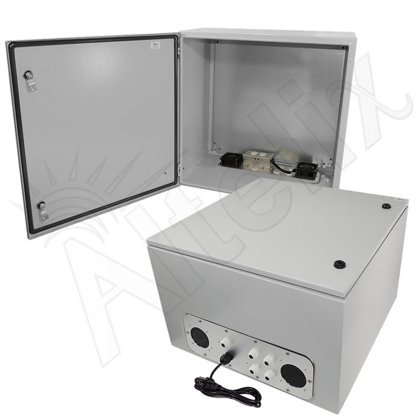 Altelix 24x24x16 Steel Weatherproof NEMA Enclosure with Single Duplex 120 VAC Outlet, Power Cord & 85°F Turn-On Cooling Fans