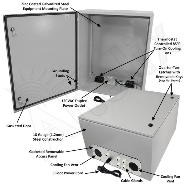 Altelix 28x24x16 Steel Weatherproof NEMA Enclosure with Single 120 VAC Duplex Outlet, Power Cord & 85°F Turn-On Cooling Fans