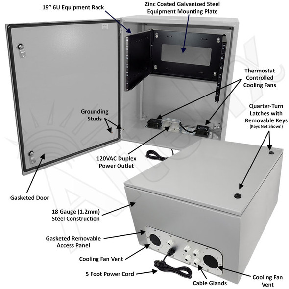 Altelix 28x24x16 19" Wide 6U Rack Steel Weatherproof NEMA Enclosure with Dual Cooling Fans, Single 120 VAC Duplex Outlet and Power Cord