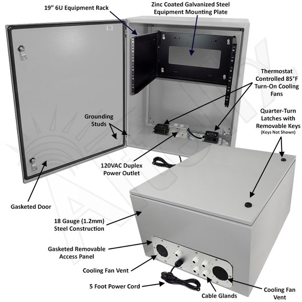 Altelix 28x24x16 19" Wide 6U Rack Steel Weatherproof NEMA Enclosure  with Single 120 VAC Duplex Outlet, Power Cord & 85°F Turn-On Cooling Fans