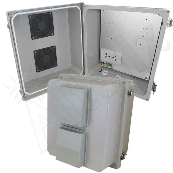 Altelix 14x12x10 Vented Fiberglass Weatherproof NEMA Enclosure with Aluminum Mounting Plate and Universal 100-240 VAC Outlets