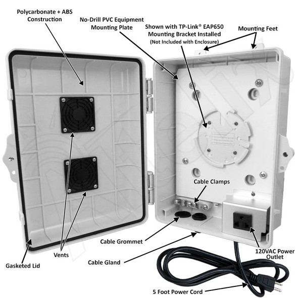 Altelix Weatherproof Vented WiFi Enclosure  for TP-Link® EAP650 AX3000 WiFi 6 Access Point with 120VAC Outlet and Power Cord