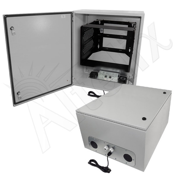 Altelix 28x24x16 Steel Weatherproof NEMA Enclosure with Heavy Duty 19" 8U Rack Frame, Dual 120 VAC Duplex Outlets, Power Cord & 85°F Turn-On Cooling Fans