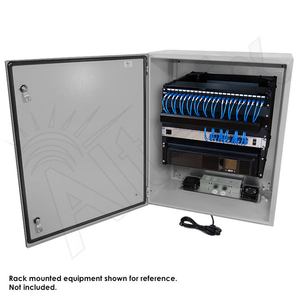 Altelix 28x24x16 Steel Weatherproof NEMA Enclosure with Heavy Duty 19" 8U Rack Frame, Dual 120 VAC Duplex Outlets, Power Cord & 85°F Turn-On Cooling Fans