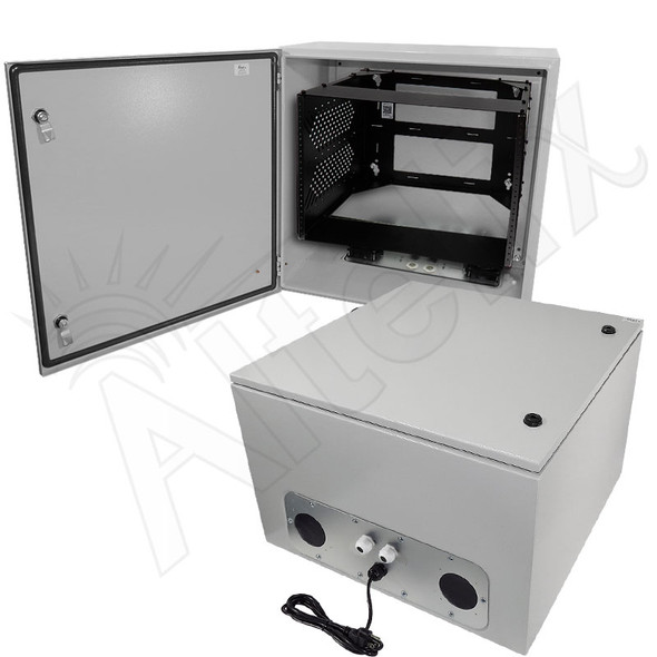 Altelix 24x24x16 Steel Weatherproof NEMA Enclosure with Heavy Duty 19" Wide Adjustable 8U Rack Frame, Dual Cooling Fans, Dual 120 VAC Duplex Outlets and Power Cord