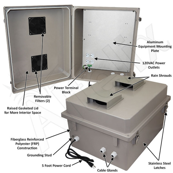 Altelix 20x16x12 Fiberglass Weatherproof Vented NEMA Enclosure with Aluminum Mounting Plate, 120V Outlets & Power Cord