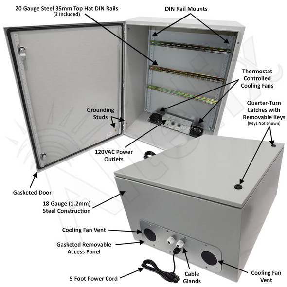 Altelix 32x24x16 Industrial DIN Rail Steel Weatherproof Enclosure with Dual Cooling Fans, Dual 120 VAC Duplex Outlets and Power Cord