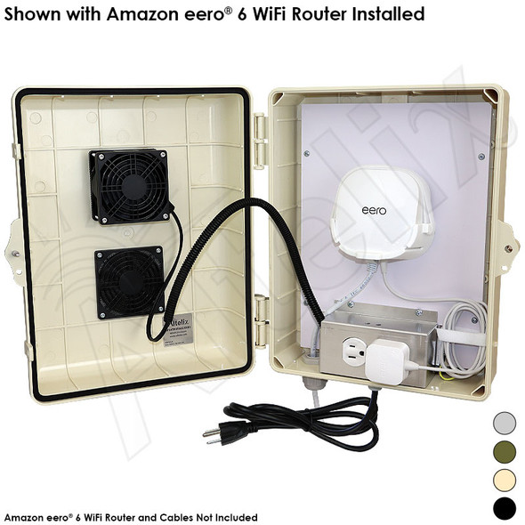 Altelix Weatherproof Vented WiFi Enclosure for Amazon eero® 6 and eero® 6  Extender with Cooling Fan, 120VAC Outlet and Power Cord