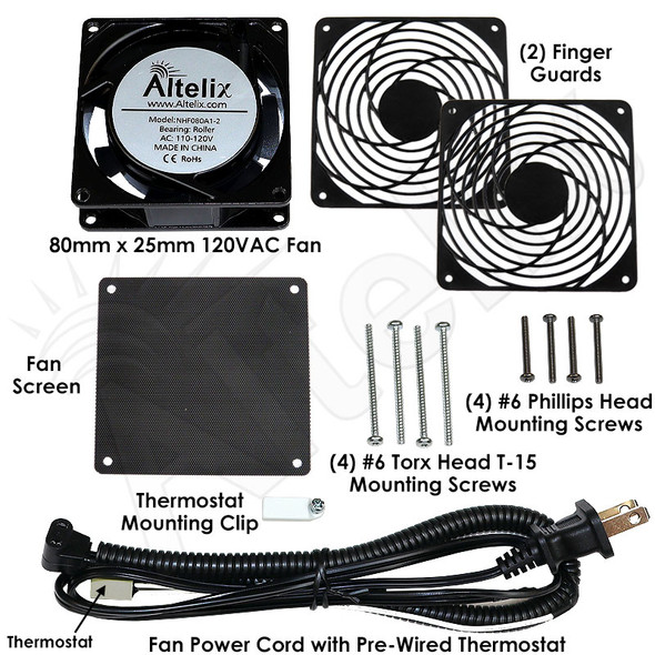 Thermostat Controlled 80x80x25mm Cooling Fan Kit - With 120VAC Power Cord and Thermostat