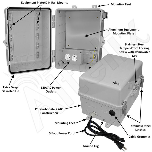 Altelix 12x9x9 Polycarbonate + ABS NEMA 4X Enclosure with Aluminum Equipment Mounting Plate, 120 VAC Outlets & Power Cord