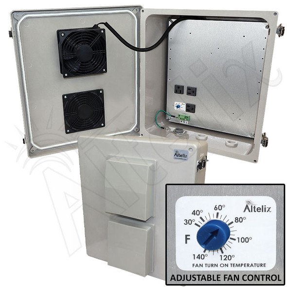 Altelix 14x12x6 Fiberglass Vented Fan Cooled Weatherproof NEMA Enclosure with Aluminum Mounting Plate and 120 VAC Outlets