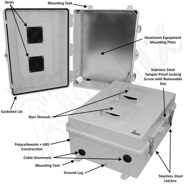 Altelix 17x14x7 Polycarbonate + ABS Vented Enclosure with Aluminum Equipment Mounting Plate
