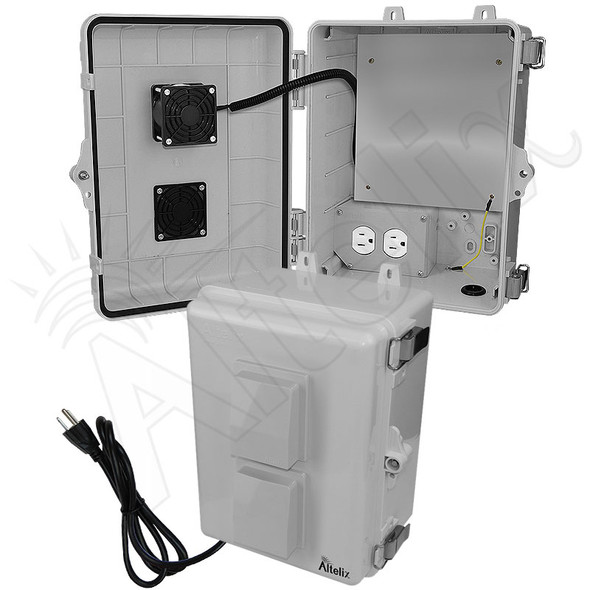 Altelix 12x9x7 Polycarbonate + ABS Vented Enclosure with Aluminum Equipment Mounting Plate, Cooling Fan, 120 VAC Outlets & Power Cord