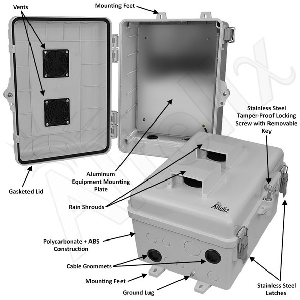 Altelix 12x9x7 Polycarbonate + ABS Vented Enclosure with Aluminum Equipment Mounting Plate