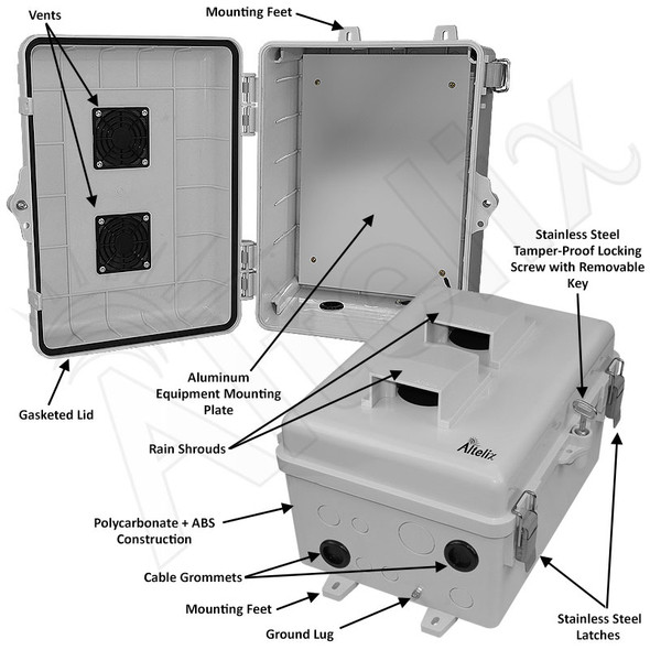 Altelix 12x9x7 Polycarbonate + ABS Vented Enclosure with Aluminum Equipment Mounting Plate