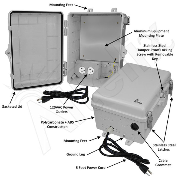 Altelix 12x9x7 Polycarbonate + ABS NEMA 4X Enclosure with Aluminum Equipment Mounting Plate, 120 VAC Outlets & Power Cord