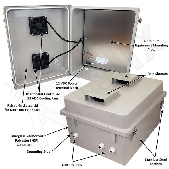 Altelix 20x16x12 Fiberglass Weatherproof Vented NEMA Enclosure with Dual 12 VDC Cooling Fans