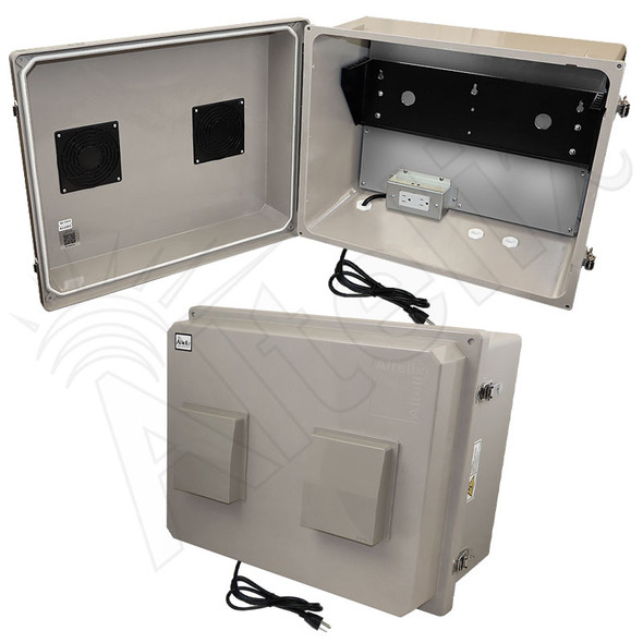 Altelix 16x20x12 Fiberglass Weatherproof Vented NEMA Enclosure with 19" Wide 2U Vertical Rack Frame, 120V Outlets & Power Cord