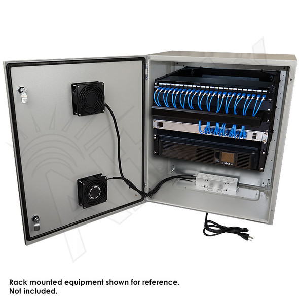 Altelix 28x24x16 Steel Weatherproof NEMA Enclosure with 19" Wide 8U Adjustable Rack Frame, Dual Door Mounted Cooling Fans, Dual 120 VAC Duplex Outlets and Power Cord