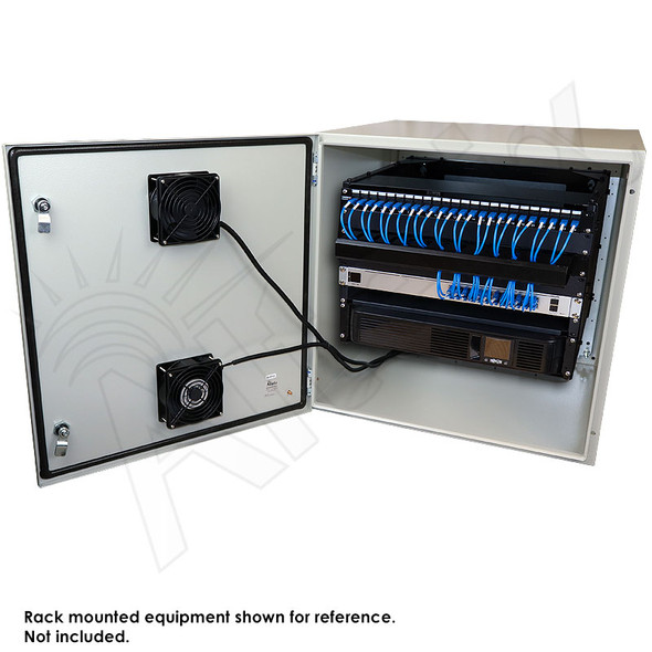 Altelix 24x24x24 Steel Weatherproof NEMA Enclosure with 19" Wide 8U Adjustable Rack Frame, Dual Door Mounted Cooling Fans, Dual 120 VAC Duplex Outlets and Power Cord