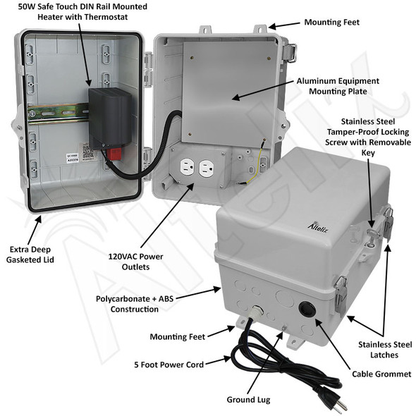 Altelix 12x9x9 Polycarbonate + ABS NEMA 4X Enclosure with 50W Heater, Aluminum Equipment Mounting Plate, 120 VAC Outlets & Power Cord