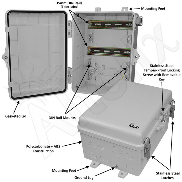 Altelix 12x9x7 Polycarbonate + ABS DIN Rail NEMA 4X Enclosure