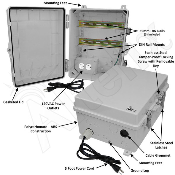 Altelix 14x11x7 Polycarbonate + ABS NEMA 4X DIN Rail Enclosure with 120 VAC Outlets & Power Cord