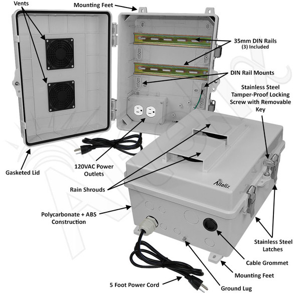 Altelix 14x11x7 Polycarbonate + ABS Vented DIN Rail Enclosure with 120 VAC Outlets & Power Cord