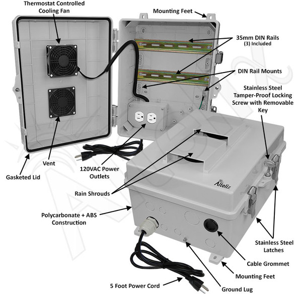 Altelix 14x11x7 Polycarbonate + ABS Vented DIN Rail Enclosure with Cooling Fan, 120 VAC Outlets & Power Cord