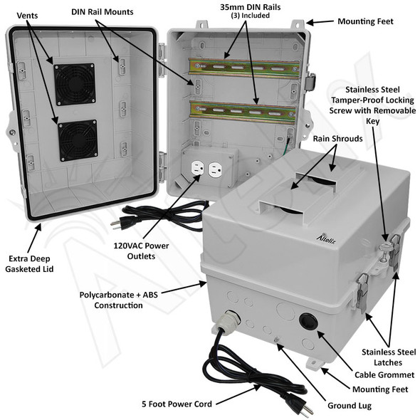 Altelix 14x11x9 Polycarbonate + ABS Vented DIN Rail Enclosure with 120 VAC Outlets & Power Cord