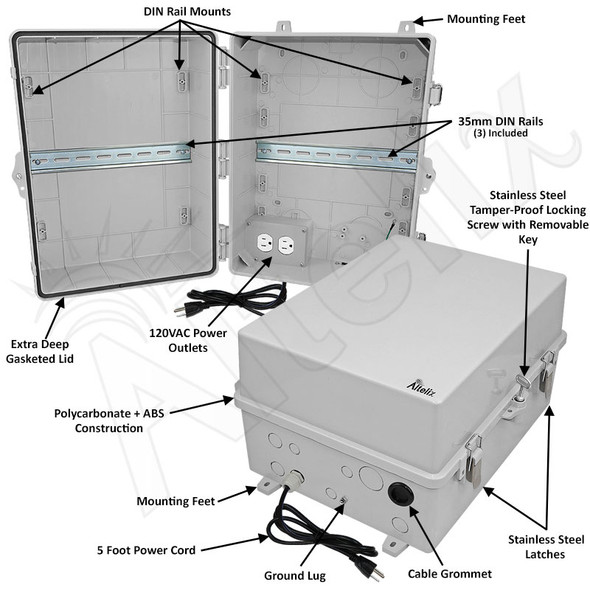 Altelix 17x14x9 Polycarbonate + ABS NEMA 4X DIN Rail Enclosure with 120 VAC Outlets & Power Cord