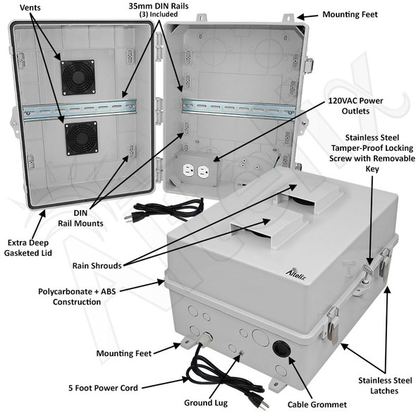 Altelix 17x14x9 Polycarbonate + ABS Vented DIN Rail Enclosure with 120 VAC Outlets & Power Cord