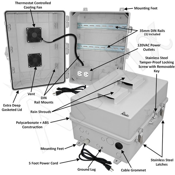 Altelix 17x14x9 Polycarbonate + ABS Vented DIN Rail Enclosure with Cooling Fan, 120 VAC Outlets & Power Cord