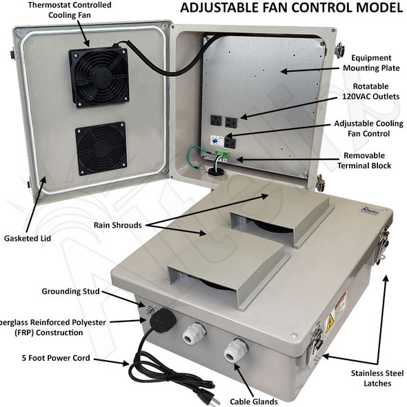 Altelix 14x12x6 Fiberglass Vented Fan Cooled Weatherproof NEMA Enclosure with Aluminum Mounting Plate, 120 VAC Outlets and Power Cord