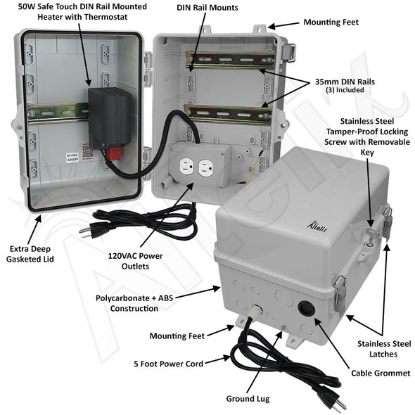 Altelix 12x9x9 Heated Polycarbonate + ABS NEMA 4X DIN Rail Enclosure with 50W Heater, 120 VAC Outlets & Power Cord