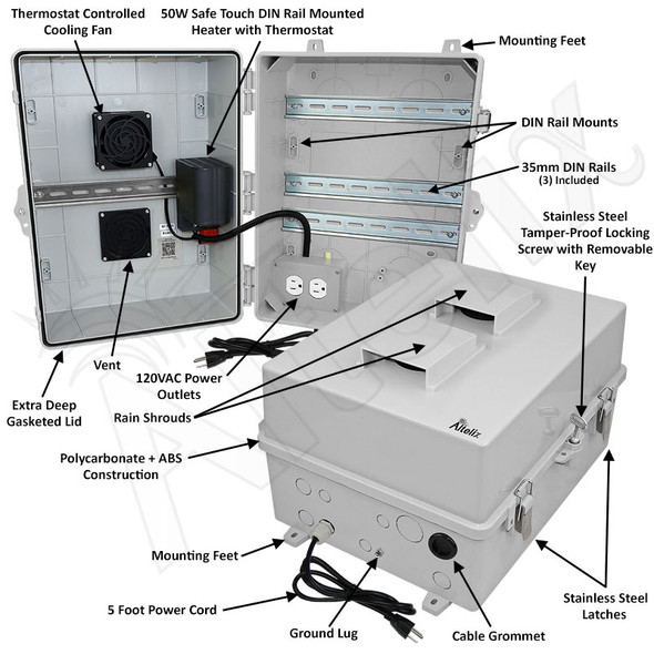 Altelix 17x14x9 Heated Polycarbonate + ABS Vented DIN Rail Enclosure with 50W Heater, Cooling Fan, 120 VAC Outlets & Power Cord