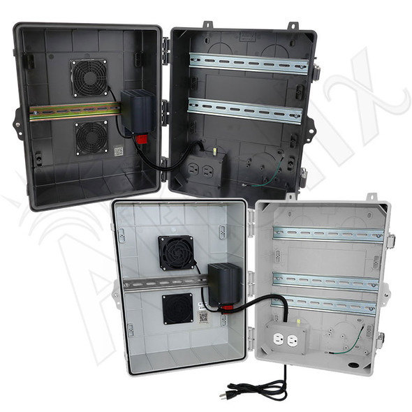 Altelix 17x14x9 Heated Polycarbonate + ABS Vented DIN Rail Enclosure with 50W Heater, Cooling Fan, 120 VAC Outlets & Power Cord